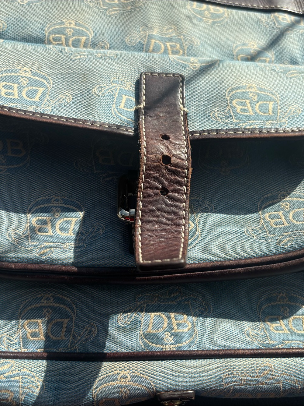 Dooney & Bourke Teal Monogram Canvas Messenger with Brown Leather Trim